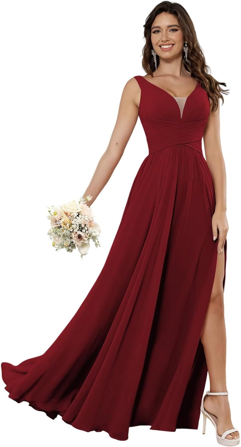 Vestidos de dama de honor sencillos de gasa para mujer con bolsillos, vestidos formales largos con escote en V y abertura 