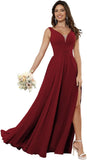 Vestidos de dama de honor sencillos de gasa para mujer con bolsillos, vestidos formales largos con escote en V y abertura 