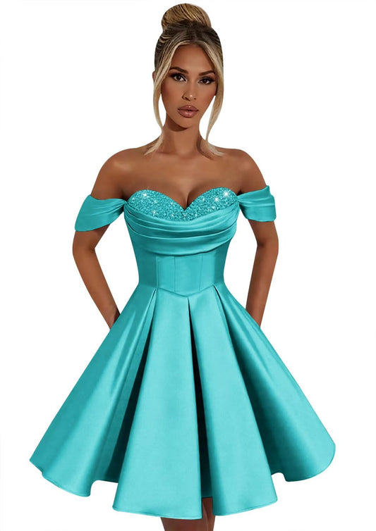 Women's Off Shoulder Satin Sweetheart Prom Homecoming Dresses Sequin Short A Line Evening Party Gowns