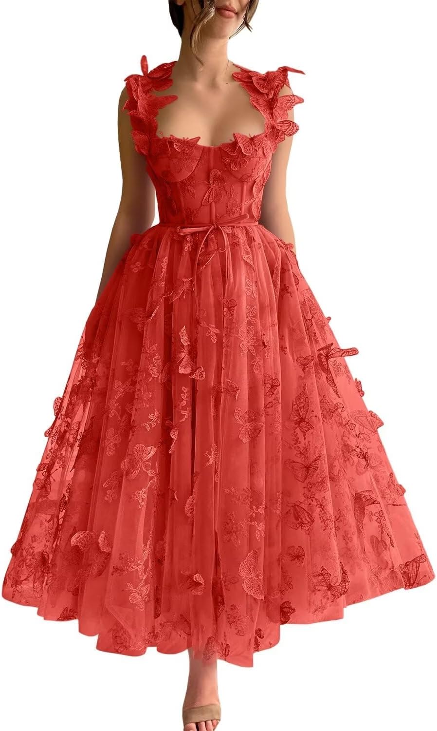 Vestidos de fiesta de tul con mariposas 3D bordadas para adolescentes, vestidos formales de noche para fiesta 
