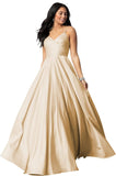 Women's Spaghetti Straps Satin Prom Dresses with Pockets V Neck Pleated Formal Evening Ball Gowns