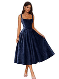 Jacquard Satin Prom Dresses 2026 Floral Square Neck Tea Length Ruched Elegant Formal Ball Gown with Pockets