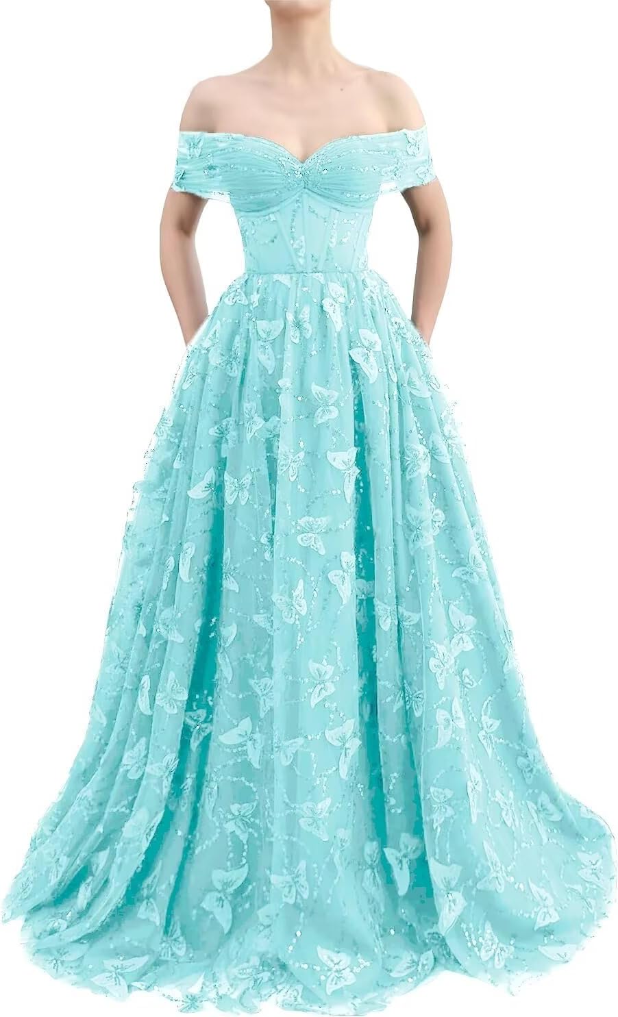Sparkly Off Shoulder Tulle Prom Dresses with Butterfly Appliques Long A Line Formal Evening Party Gowns for Women