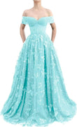 Sparkly Off Shoulder Tulle Prom Dresses with Butterfly Appliques Long A Line Formal Evening Party Gowns for Women