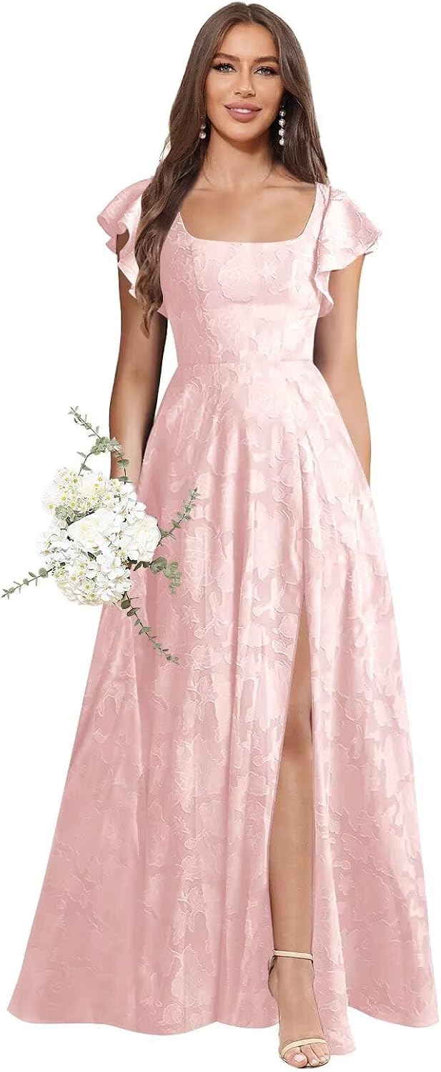 Floral Bridesmaid Dresses for Women Long A-Line Square Neck Lace Formal Evening Gown with Sleeves Slit