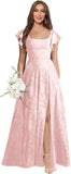 Floral Bridesmaid Dresses for Women Long A-Line Square Neck Lace Formal Evening Gown with Sleeves Slit