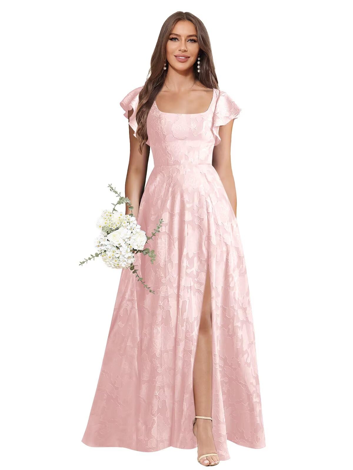 Floral Bridesmaid Dresses for Women Long A-Line Square Neck Lace Formal Evening Gown with Sleeves Slit