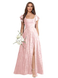 Floral Bridesmaid Dresses for Women Long A-Line Square Neck Lace Formal Evening Gown with Sleeves Slit