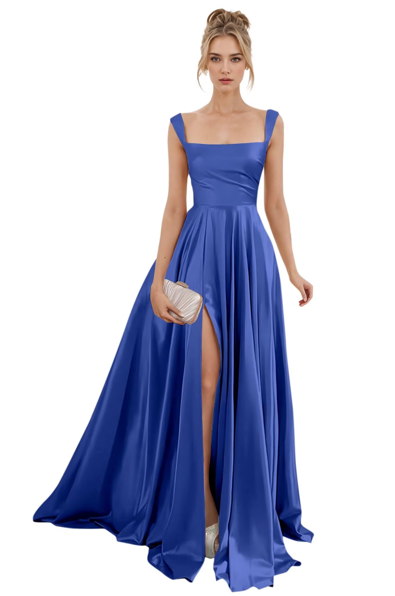 Spaghetti Straps Satin Bridesmaid Dresses for Women Long A-Line Square Neck Formal Evening Party Gown with Slit