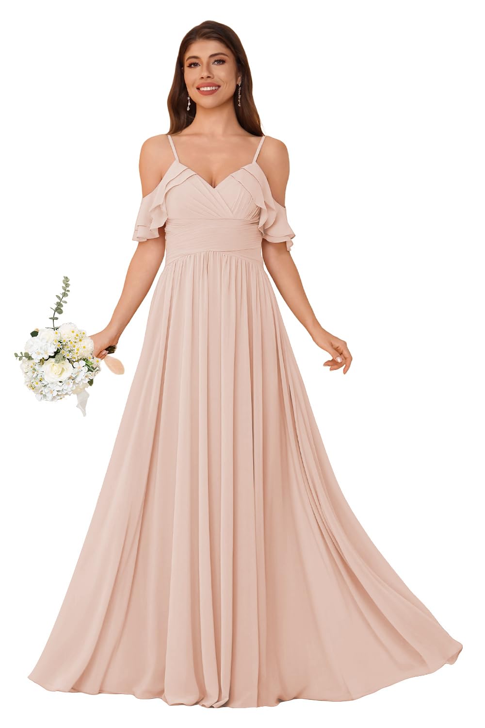 Women's Long Chiffon Bridesmaid Dresses Ruffle V Neck Formal Evening Prom Gown Spaghetti Strap Maxi Wedding Guest Dress