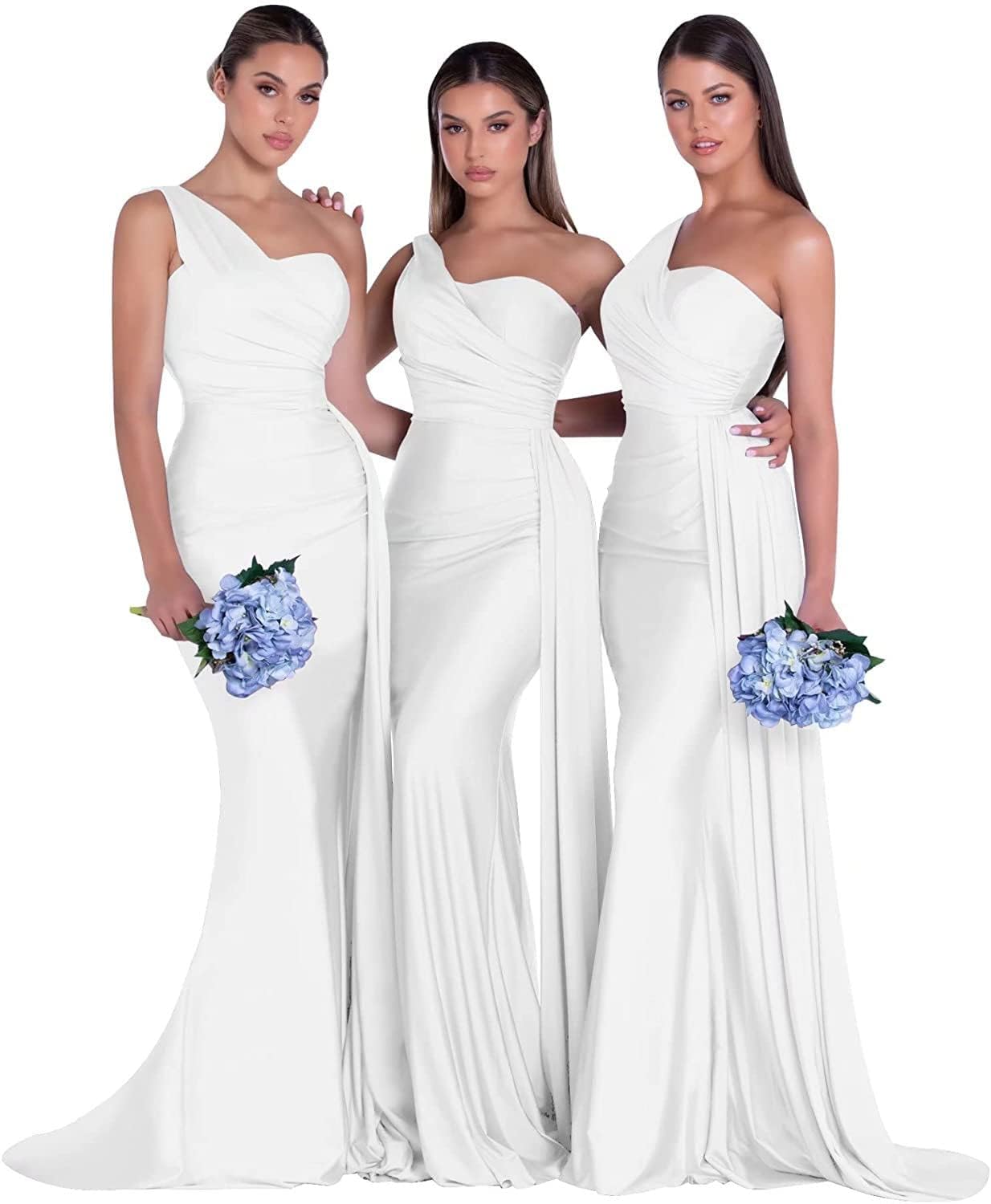 Women's One Shoulder Mermaid Bridesmaid Dresses Long Ruched Bodycon Satin Formal Prom Gowns