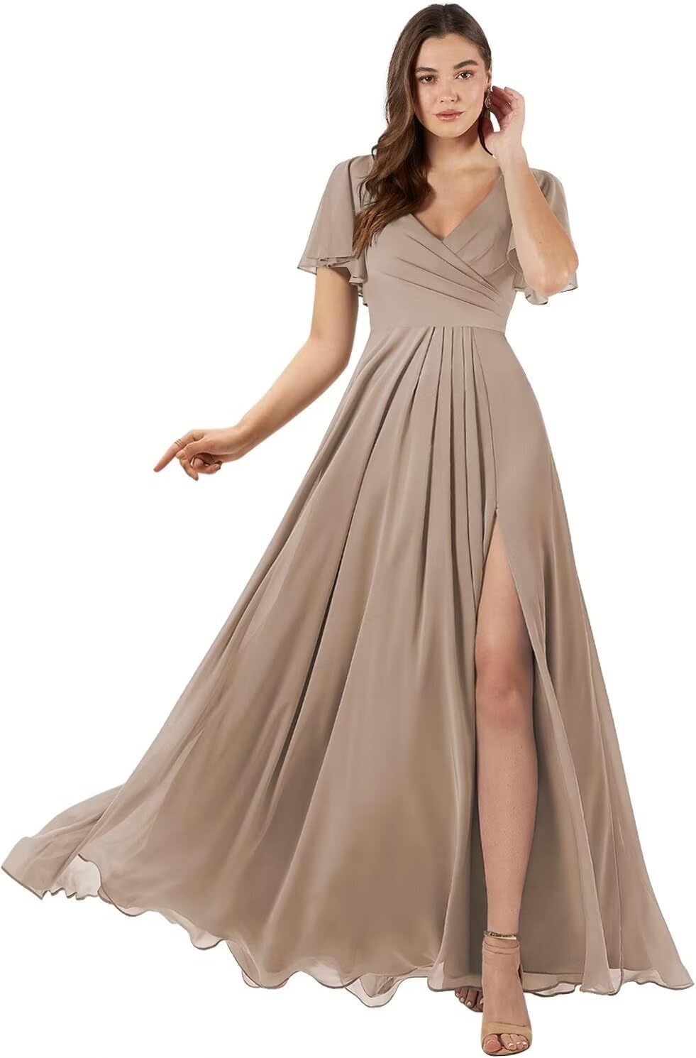 Damen Brautjungfernkleider mit Flatterärmeln, lang, mit Schlitz, V-Ausschnitt, Chiffon, formelle Kleider 