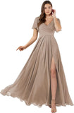 Damen Brautjungfernkleider mit Flatterärmeln, lang, mit Schlitz, V-Ausschnitt, Chiffon, formelle Kleider 