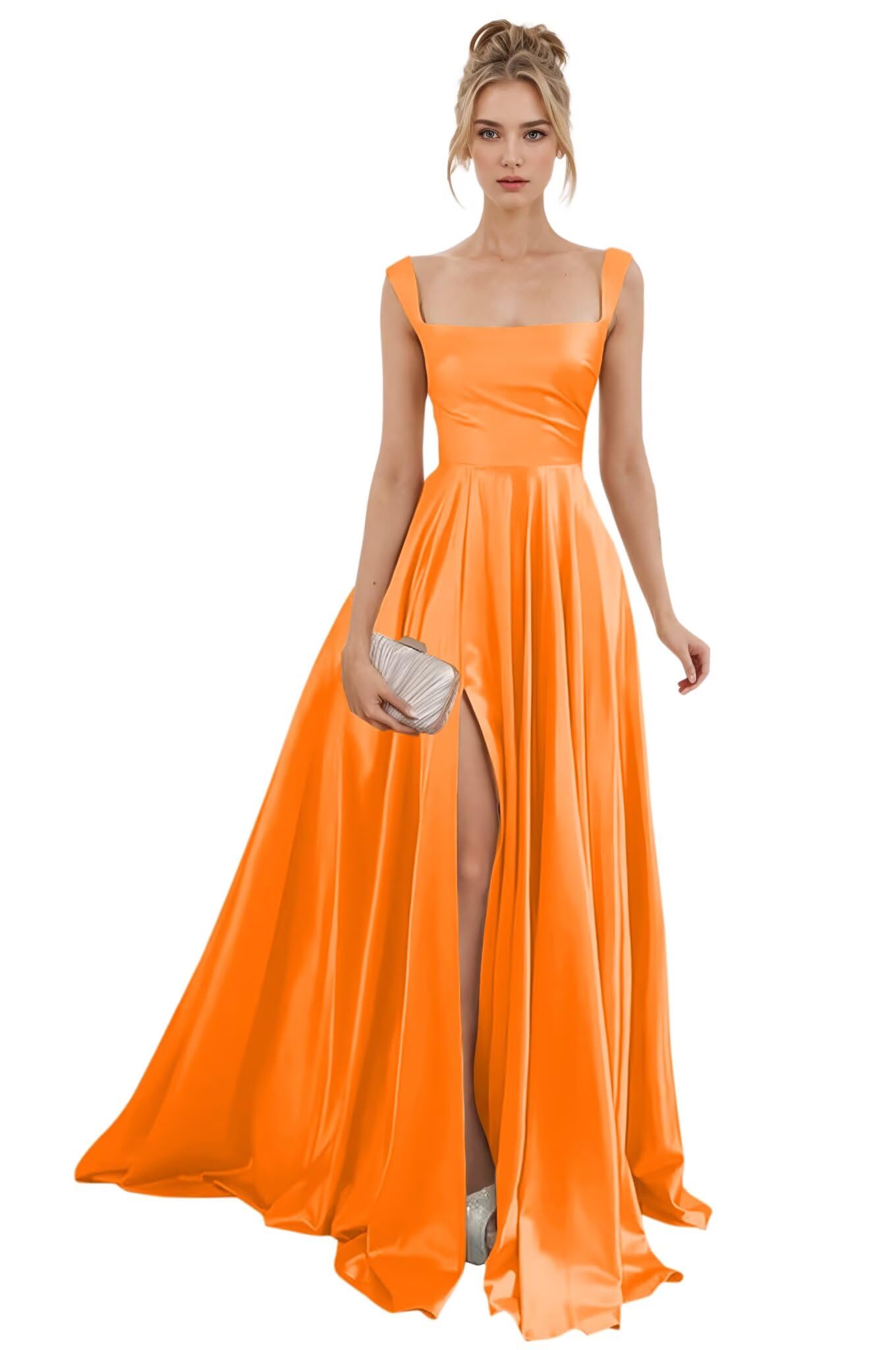 Spaghetti Straps Satin Bridesmaid Dresses for Women Long A-Line Square Neck Formal Evening Party Gown with Slit