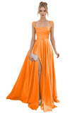 Spaghetti Straps Satin Bridesmaid Dresses for Women Long A-Line Square Neck Formal Evening Party Gown with Slit