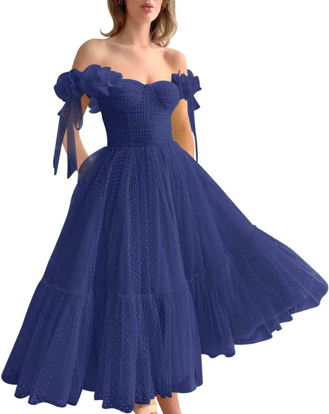 Dotted Tulle Off Shoulder Prom Dress for Women Sweetheart Midi Puffy Formal Party Gowns