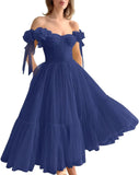 Dotted Tulle Off Shoulder Prom Dress for Women Sweetheart Midi Puffy Formal Party Gowns