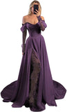 Off Shoulder Satin Wedding Dresses Lace Long Sleeve Prom Dresses Corset A-Line Ball Gowns with Slit