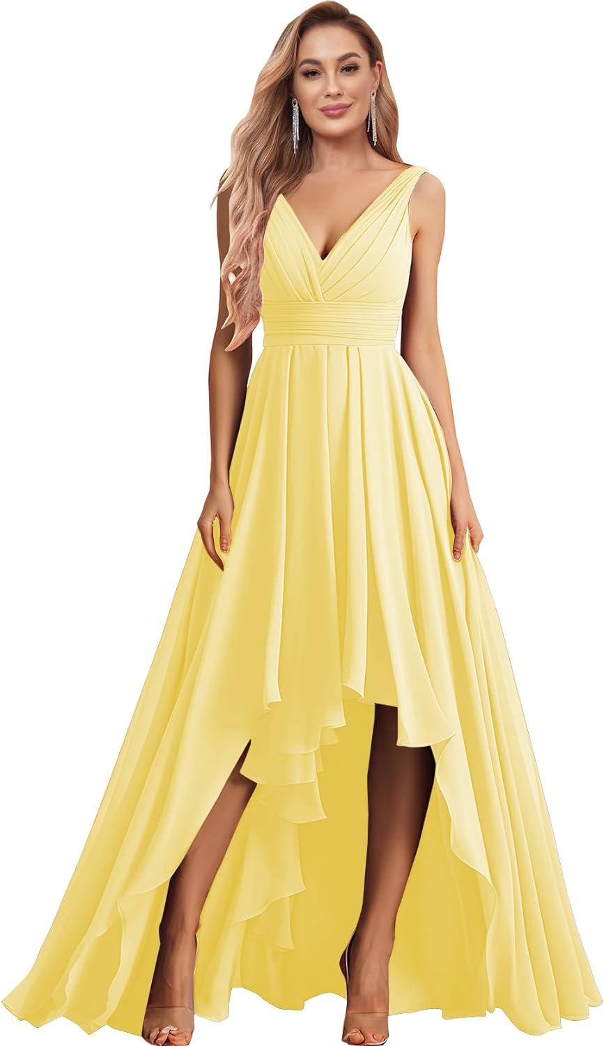 Vestidos de dama de honor con escote en V para mujer, para boda, con bolsillos, de gasa fruncida, largos, formales, para fiesta de graduación y noche.