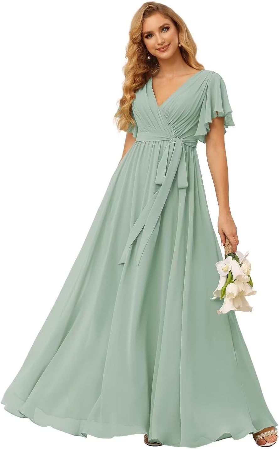 Damen Brautjungfernkleider mit Flatterärmeln, lang, mit Taschen, V-Ausschnitt, Chiffon, formelle Kleider 
