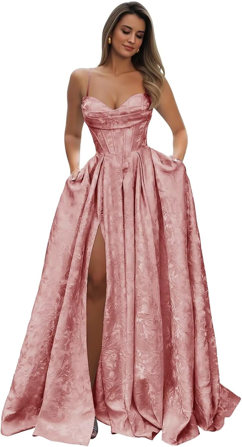 Satin Spaghetti Straps Prom Dresses for Women Jacquard Aline Backless Formal Evening Party Ball Gowns with Pockets