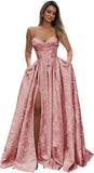 Satin Spaghetti Straps Prom Dresses for Women Jacquard Aline Backless Formal Evening Party Ball Gowns with Pockets