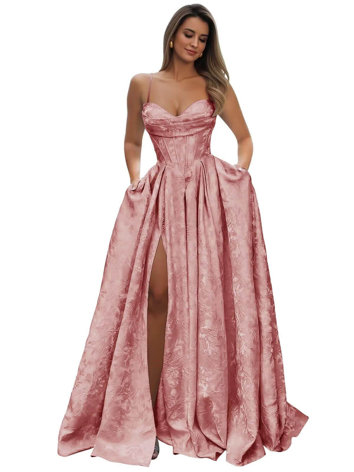 Satin Spaghetti Straps Prom Dresses for Women Jacquard Aline Backless Formal Evening Party Ball Gowns with Pockets