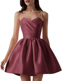 Satin Homecoming Dresses for Teens Spaghetti Straps Short Prom Dress A-Line Cocktail Wedding Guest Dress