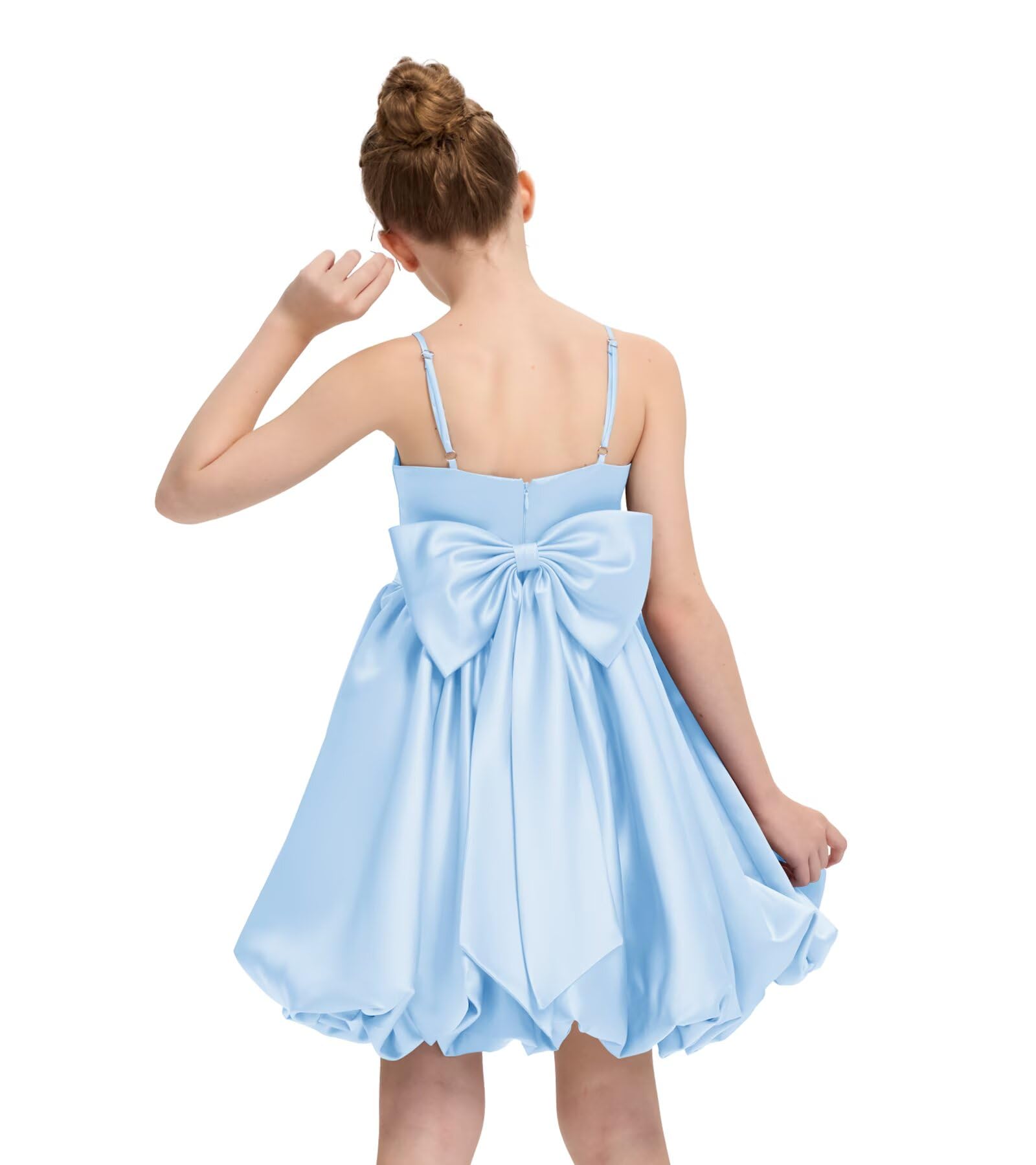 Satin Homecoming Dress for Girls Short Satin Flower Girl Dresses for Wedding Party Prom Gown with Bow