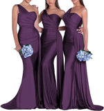Women's One Shoulder Mermaid Bridesmaid Dresses Long Ruched Bodycon Satin Formal Prom Gowns