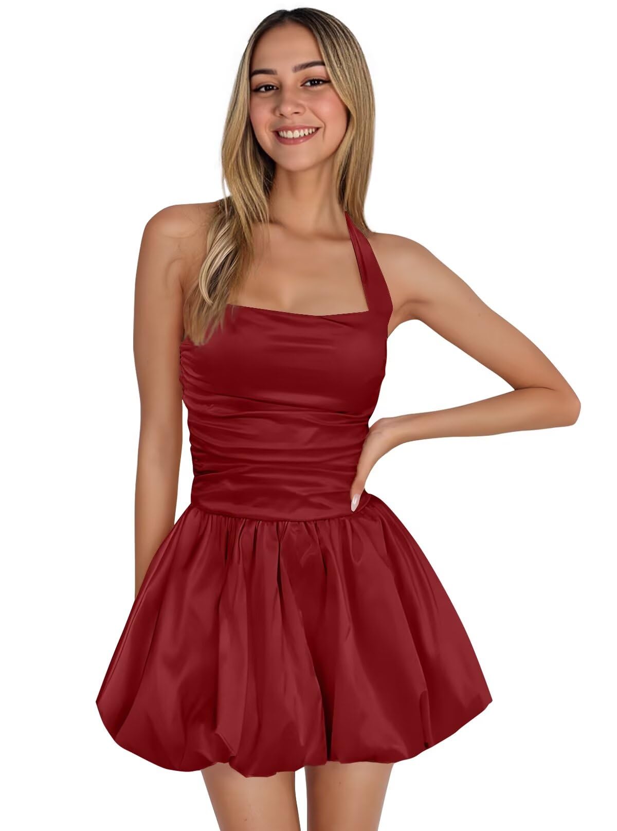 Satin Halter Homecoming Dresses for Teens Short Prom Dress 2027 Flower Bud Ruched Formal Cocktail Gown with Pockets