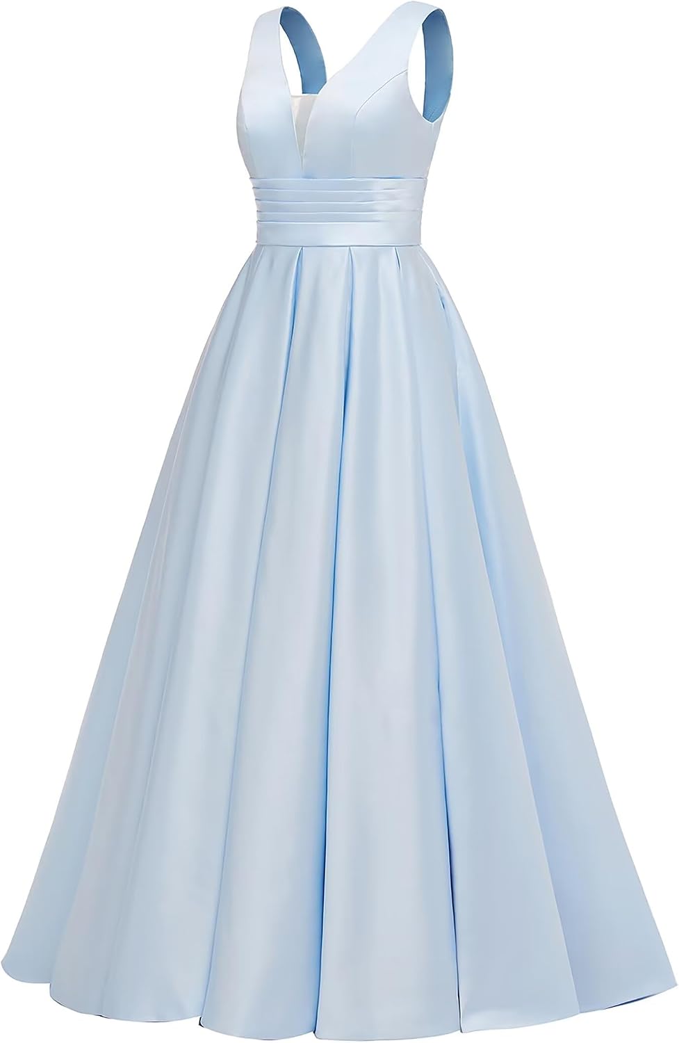 Glitter Satin Prom Dresses for Women Long V Neck A-Line Pleated Formal Evening Party Gowns with Pockets