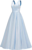 Glitter Satin Prom Dresses for Women Long V Neck A-Line Pleated Formal Evening Party Gowns with Pockets