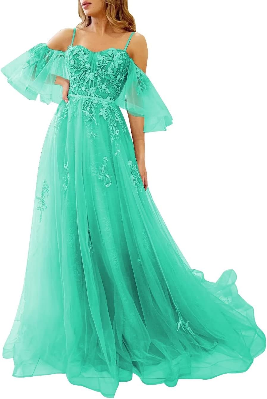 Vestidos de fiesta de tul con hombros descubiertos para adolescentes, vestidos formales con apliques de encaje, vestido de fiesta de noche formal de línea A