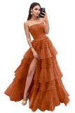Strapless Tiered Tulle Prom Dresses for Women 2027 Long Sparkly A-Line Formal Evening Party Ball Gowns with Slit