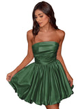 Short Satin A-Line Ruched Homecoming Dresses for Teens Strapless Ruched Mini Formal Cocktail Party Dress
