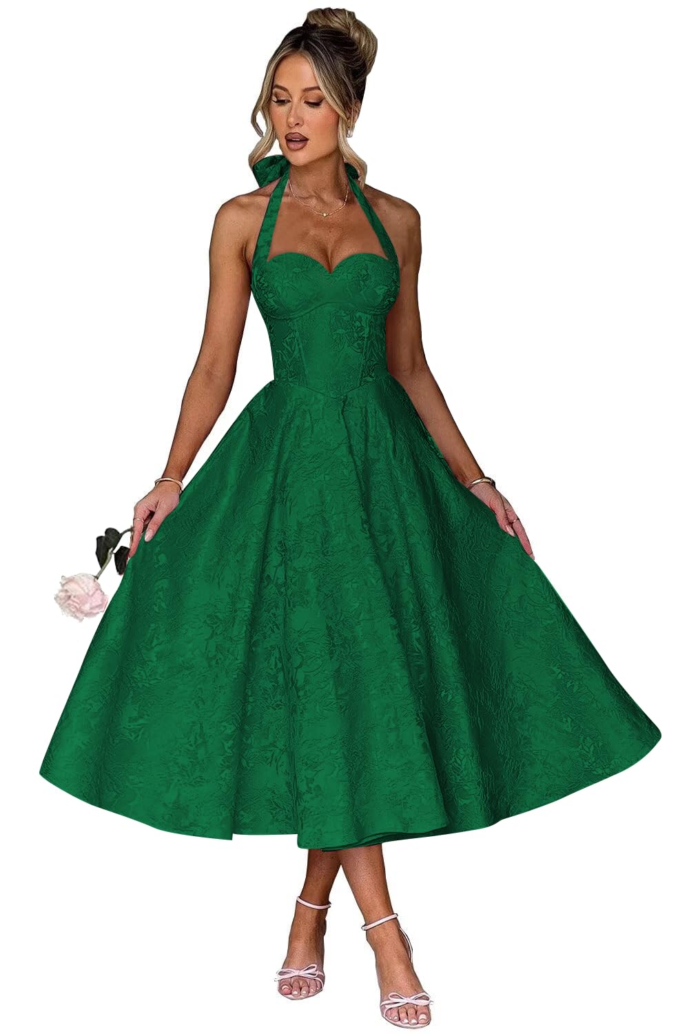 Jacquard Satin Prom Dresses for Women Vintage A-Line Midi Halter Sweetheart Formal Evening Party Gowns with Pockets