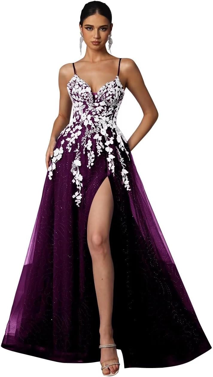 Tulle Prom Dresses 2027 Puffy Ball Gown for Women Formal V Neck Lace Appliques Evening Gown with Slit Long Homecoming Dress