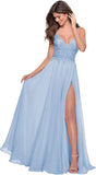 Women's Lace Appliqued Chiffon Prom Dresses Long with Slit Spaghetti Straps V Neck Formal Party Gowns