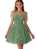 Floral Embroidery Junior Bridesmaid Dress Tulle Sweetheart Neck Girls Prom Dresses Fairy Short Formal Flower Girl Gown