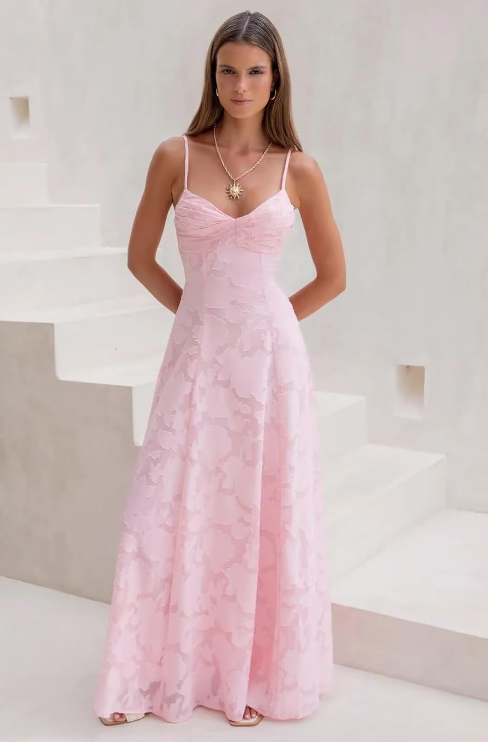 Spaghetti Strap Bridesmaid Dresses for Women Jacquard Floral A Line Long Formal Evening Gown