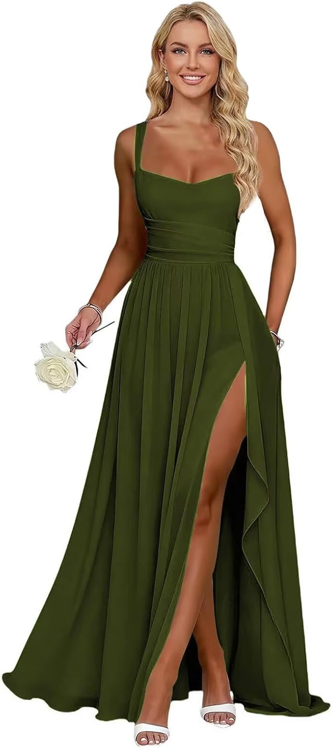 Ruffle Chiffon Bridesmaid Dress Long Square Neck Pleated Formal Gowns with Slit for Women Plus Size Spaghetti Straps Ruffles