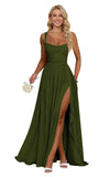 Ruffle Chiffon Bridesmaid Dress Long Square Neck Pleated Formal Gowns with Slit for Women Plus Size Spaghetti Straps Ruffles