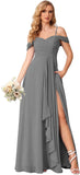Damen Schulterfreies Brautjungfernkleid Lang mit Schlitz Chiffon Rüschen Falten Formales Partykleid 