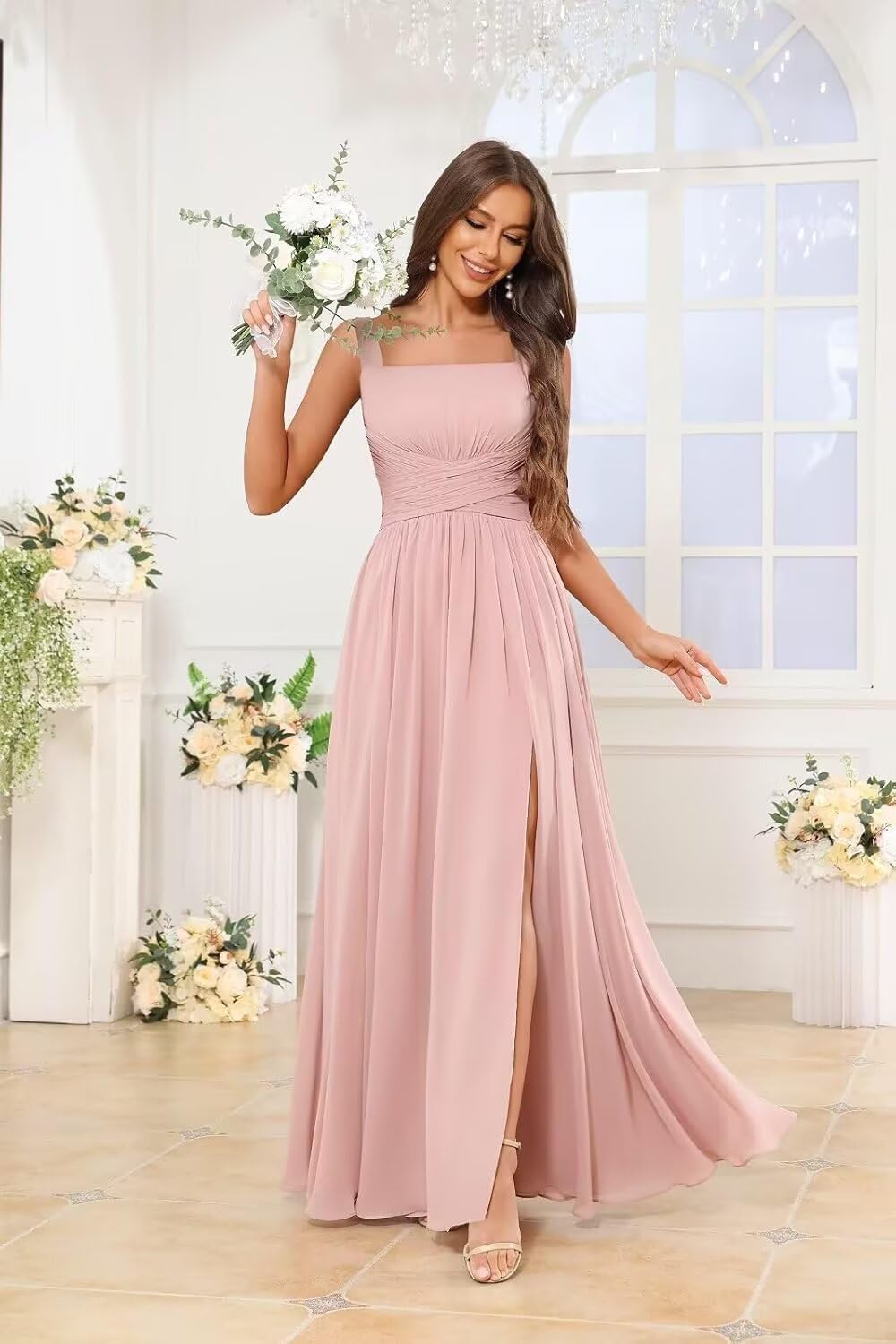 Kingbridal Chiffon A-line Bridesmaid Dresses for Women 2027 Long Square Neck Pleated Formal Evening Party Dress with Slit