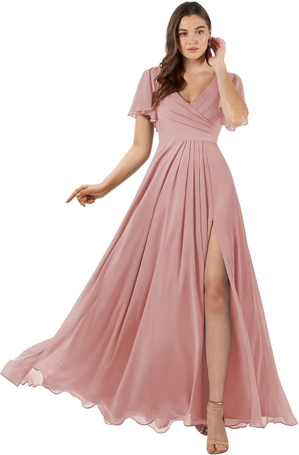 Damen Brautjungfernkleider mit Flatterärmeln, lang, mit Schlitz, V-Ausschnitt, Chiffon, formelle Kleider 