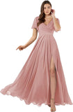 Damen Brautjungfernkleider mit Flatterärmeln, lang, mit Schlitz, V-Ausschnitt, Chiffon, formelle Kleider 