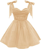 Tulle Short Homecoming Dress for Teens Sparkly Lace DAMA Dresses for Quinceanera Spaghetti Straps Bow Prom Gown