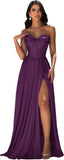 Strapless Prom Dress with Slit Satin A Line Long Ball Gowns for Women Sweetheart Corset Formal Dress with Pockets