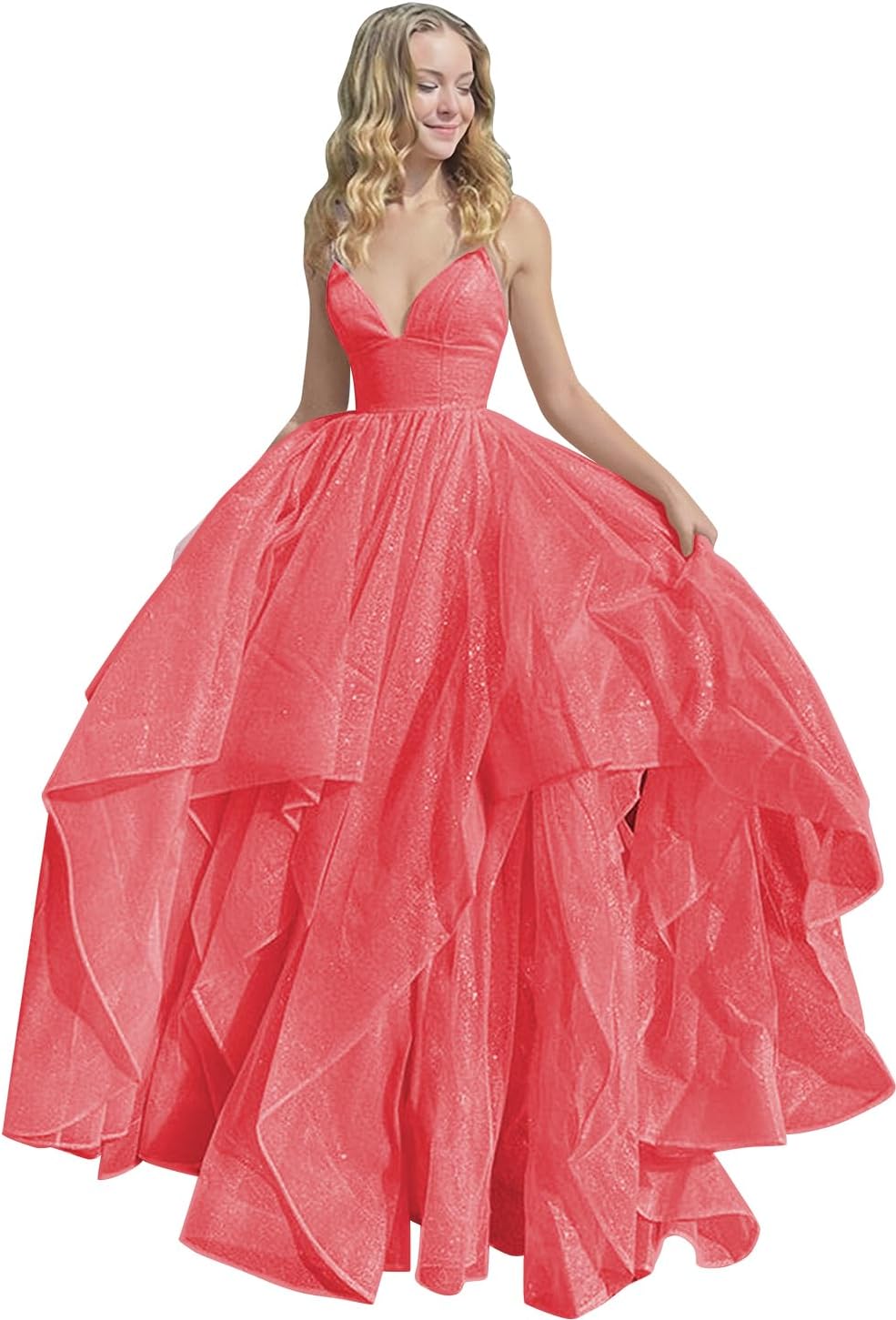 Women's Sparkly Tulle Prom Dress 2023 Long Ball Gown Spaghetti Straps Quinceanera Dress